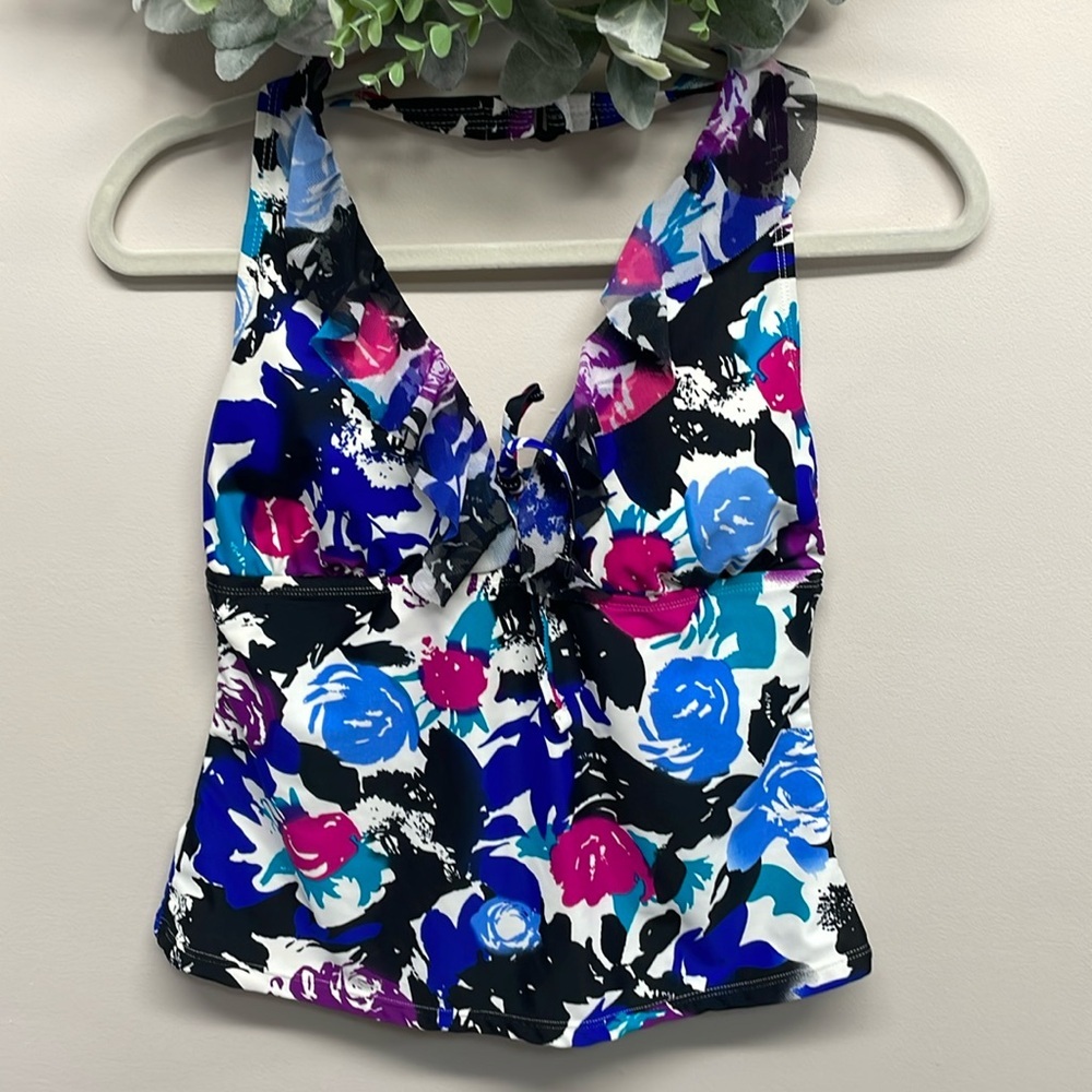 Catalina Tankini Swim Top Floral Ruffle Front Halter M(8-10)